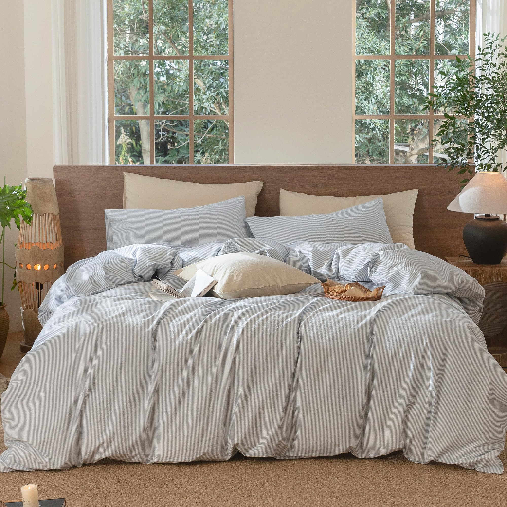 Moomee Striped Duvet Cover Set 100% Washed Cotton Linen Like Textured Breathable Durable Soft Comfy (Cornflower Blue White Pinst